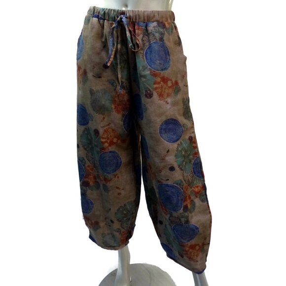 Private Tailor Pleated Cuff Cropped Pants Large Linen Blend Wide Leg Floral - Picture 5 of 7